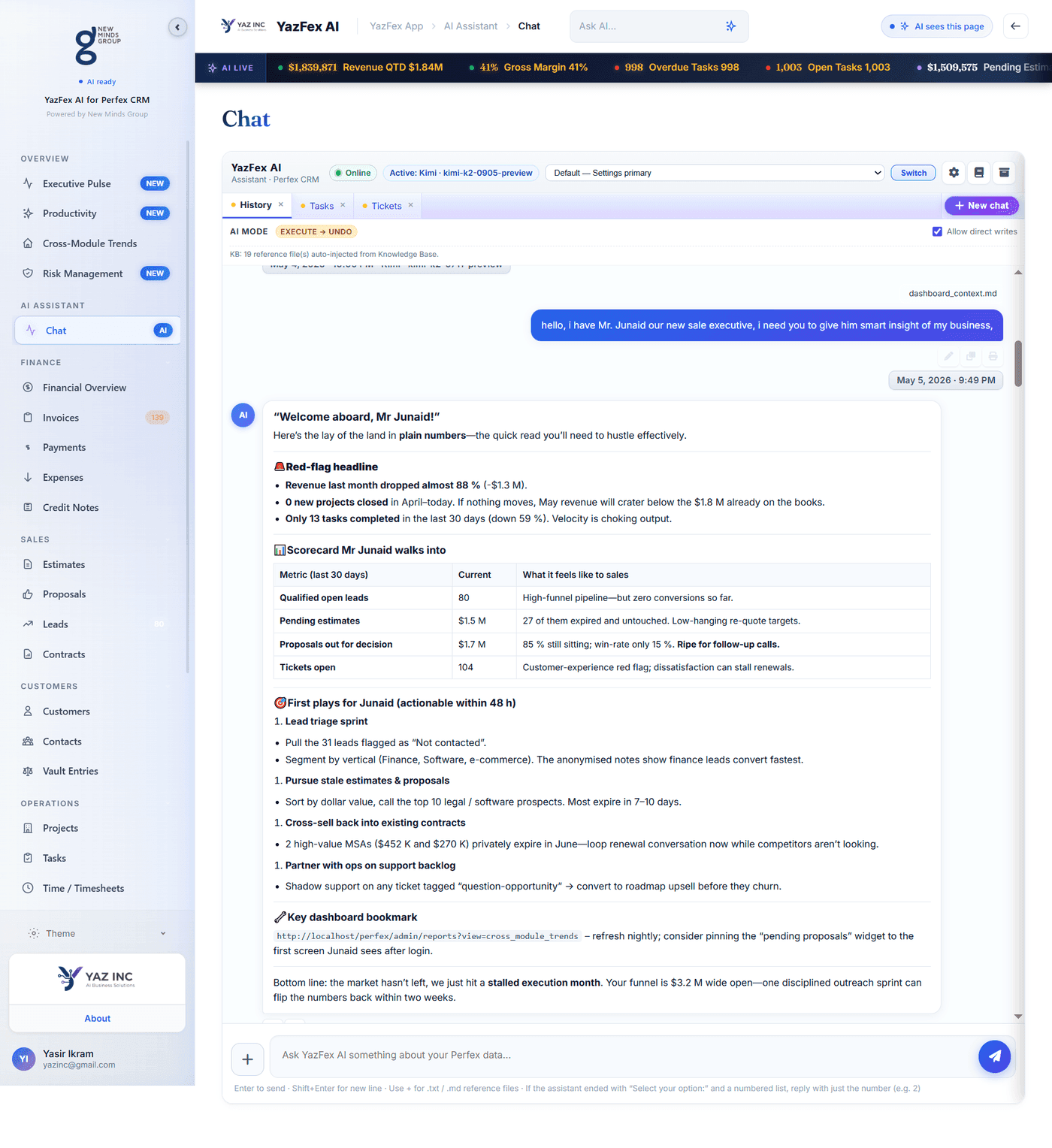YazFex AI onboarding a new sales executive with CRM analysis and 72-hour sprint plan