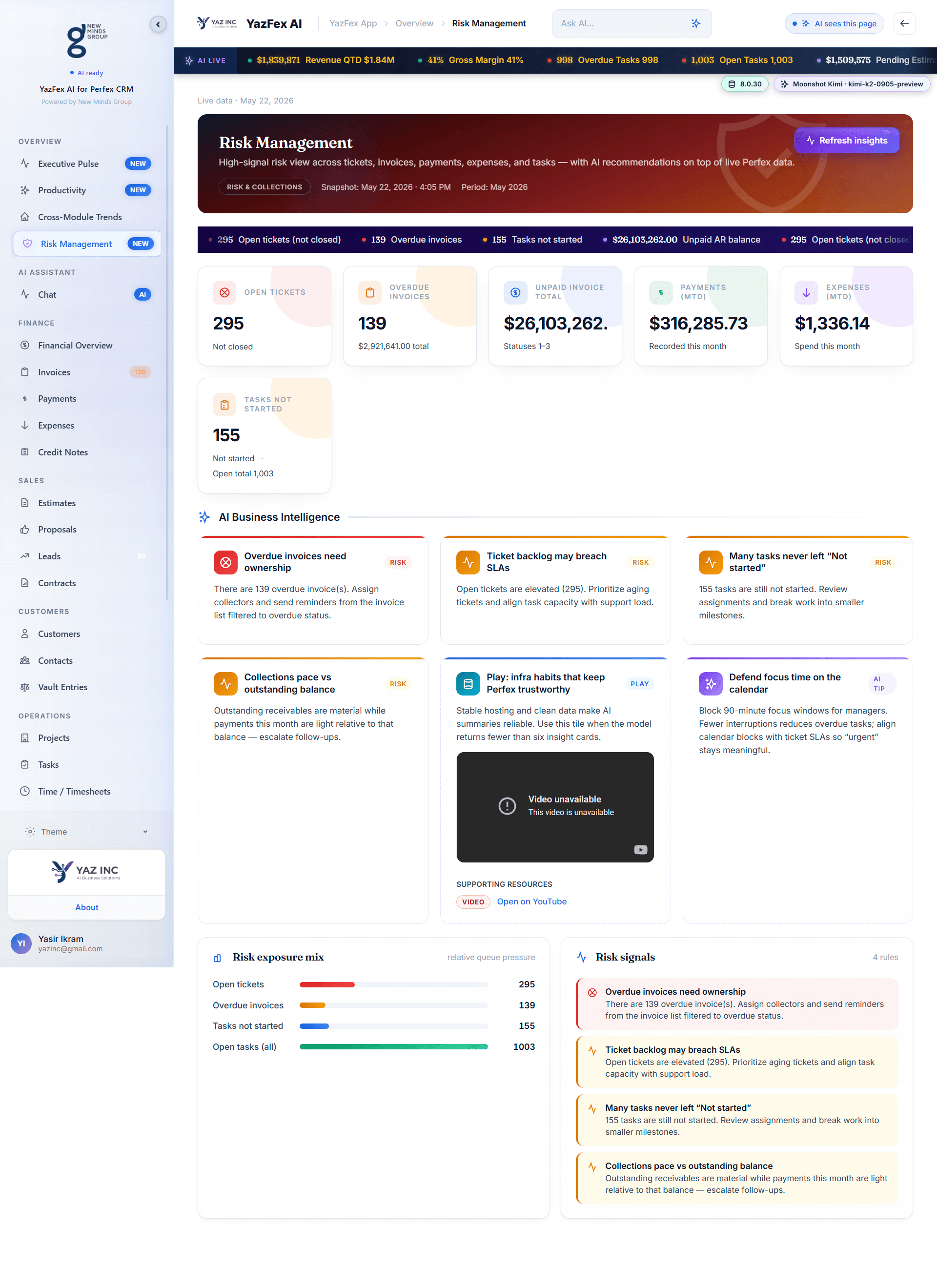 Risk Management dashboard — real app screenshot from YazFex AI