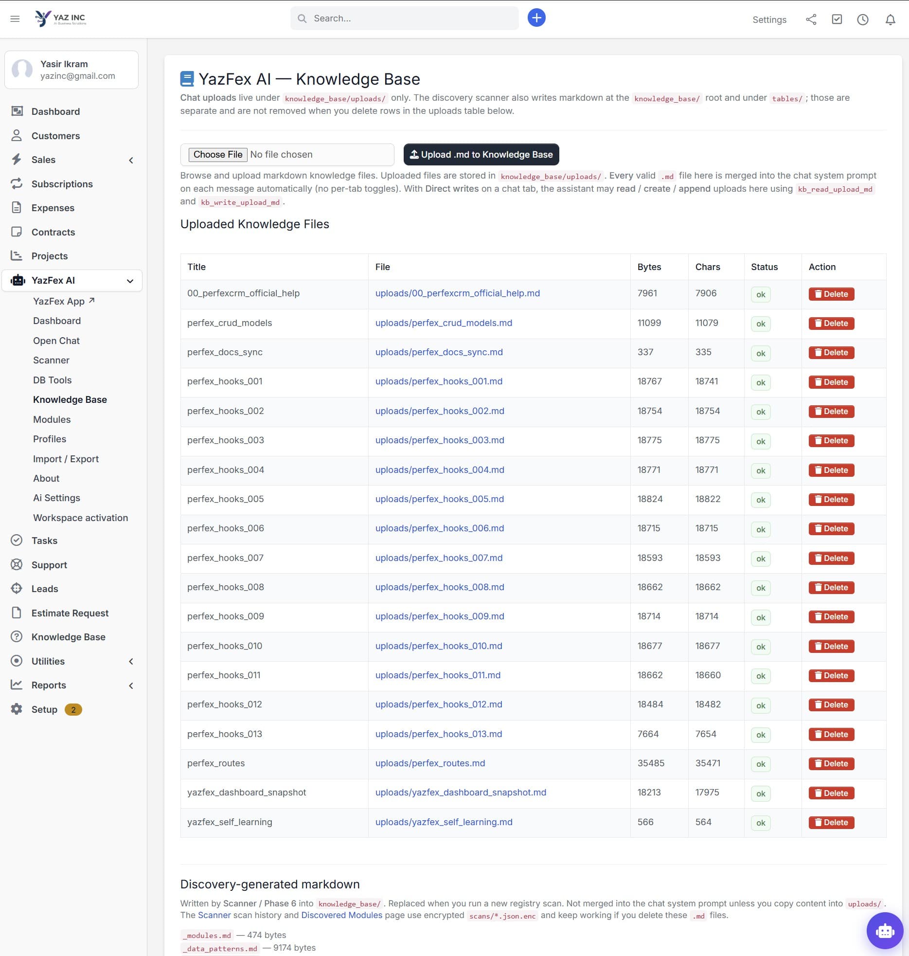 YazFex AI knowledge base with custom training data uploads