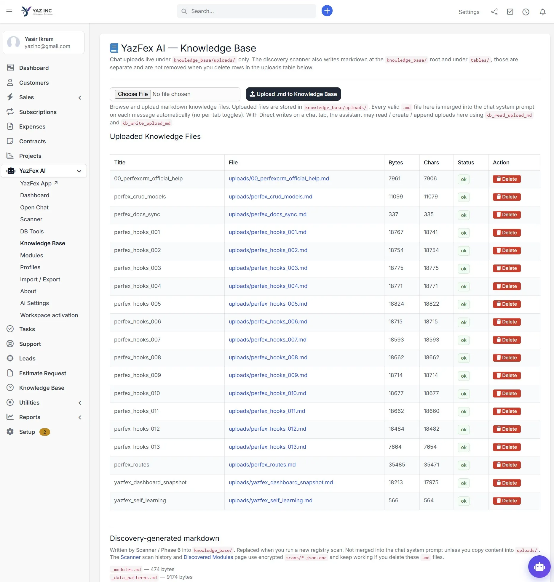 YazFex AI knowledge base with custom training data uploads
