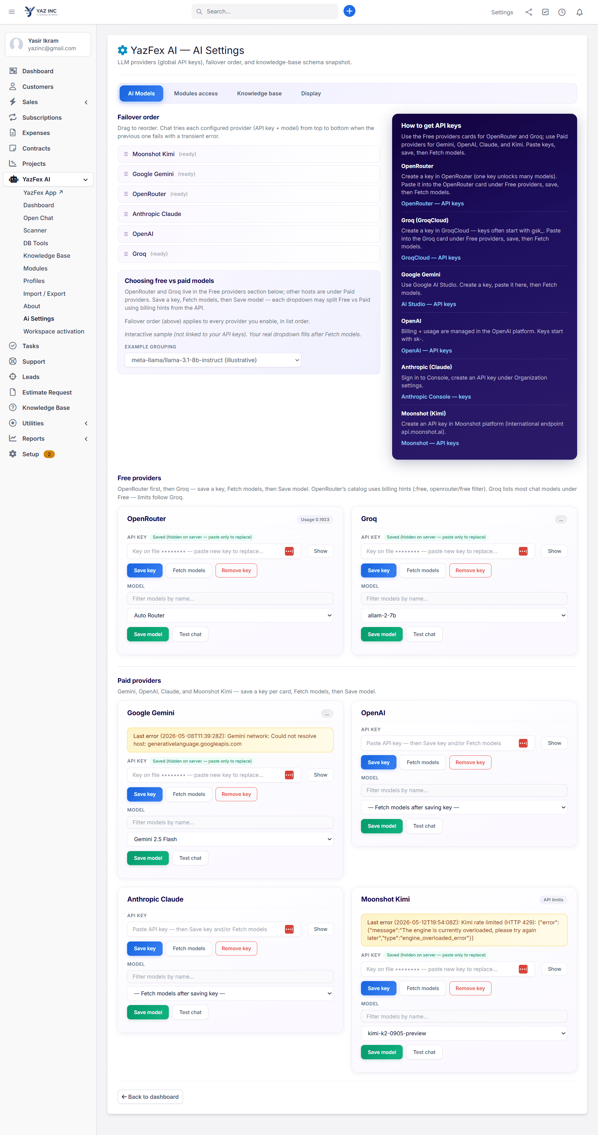 YazFex AI settings page showing multi-provider API key configuration