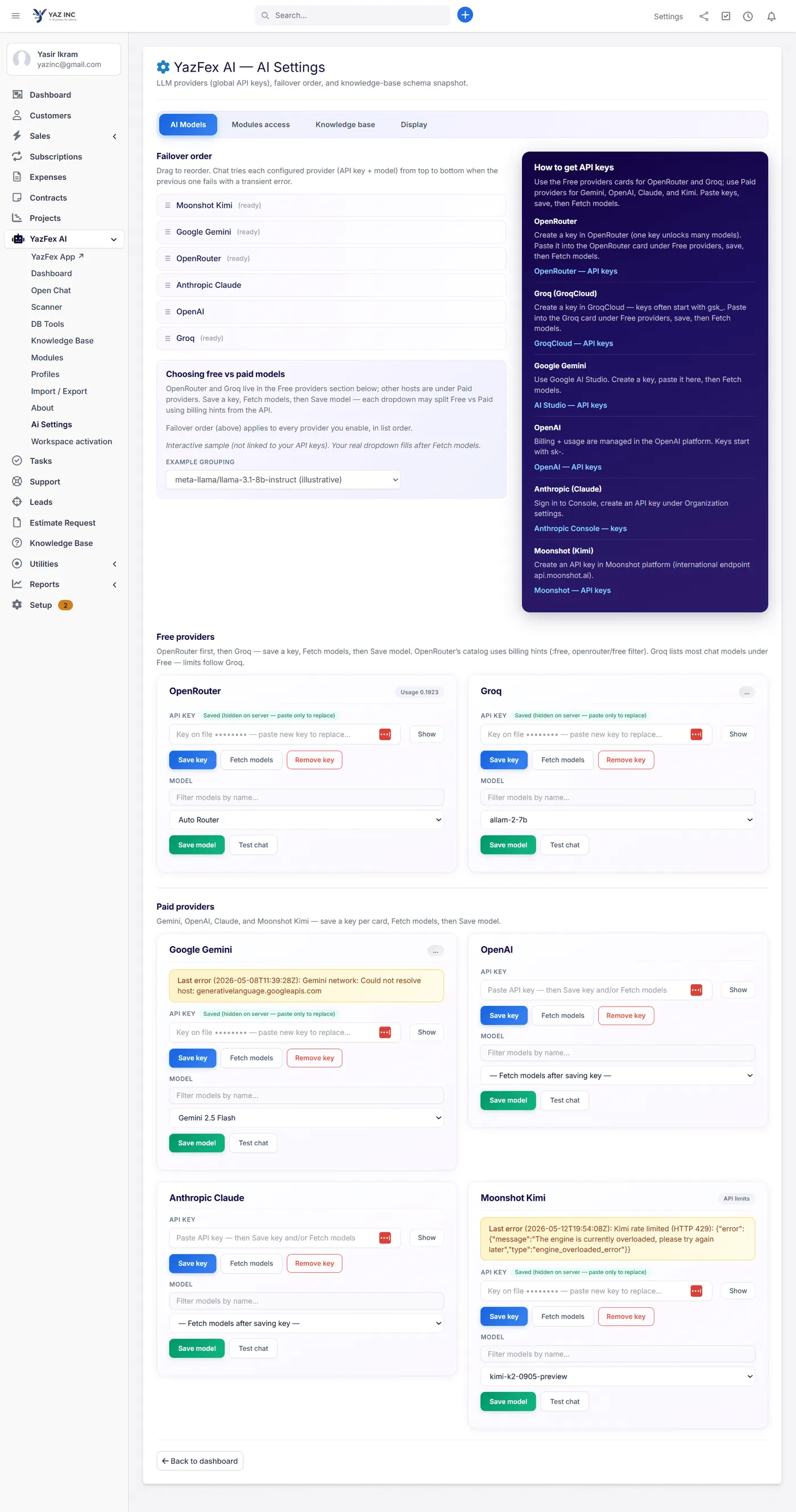 YazFex AI settings page showing multi-provider API key configuration