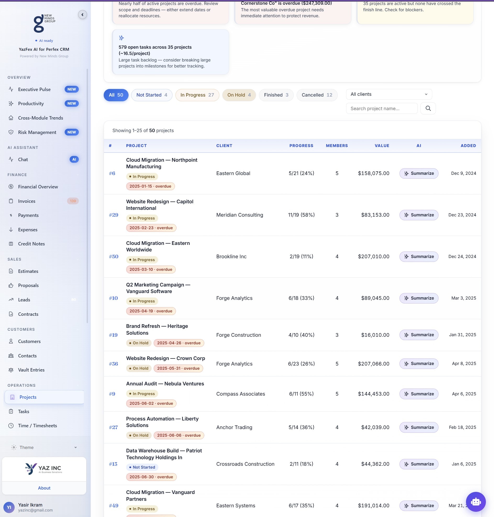 Projects list showing Summarize button on every project row, plus AI insights at top