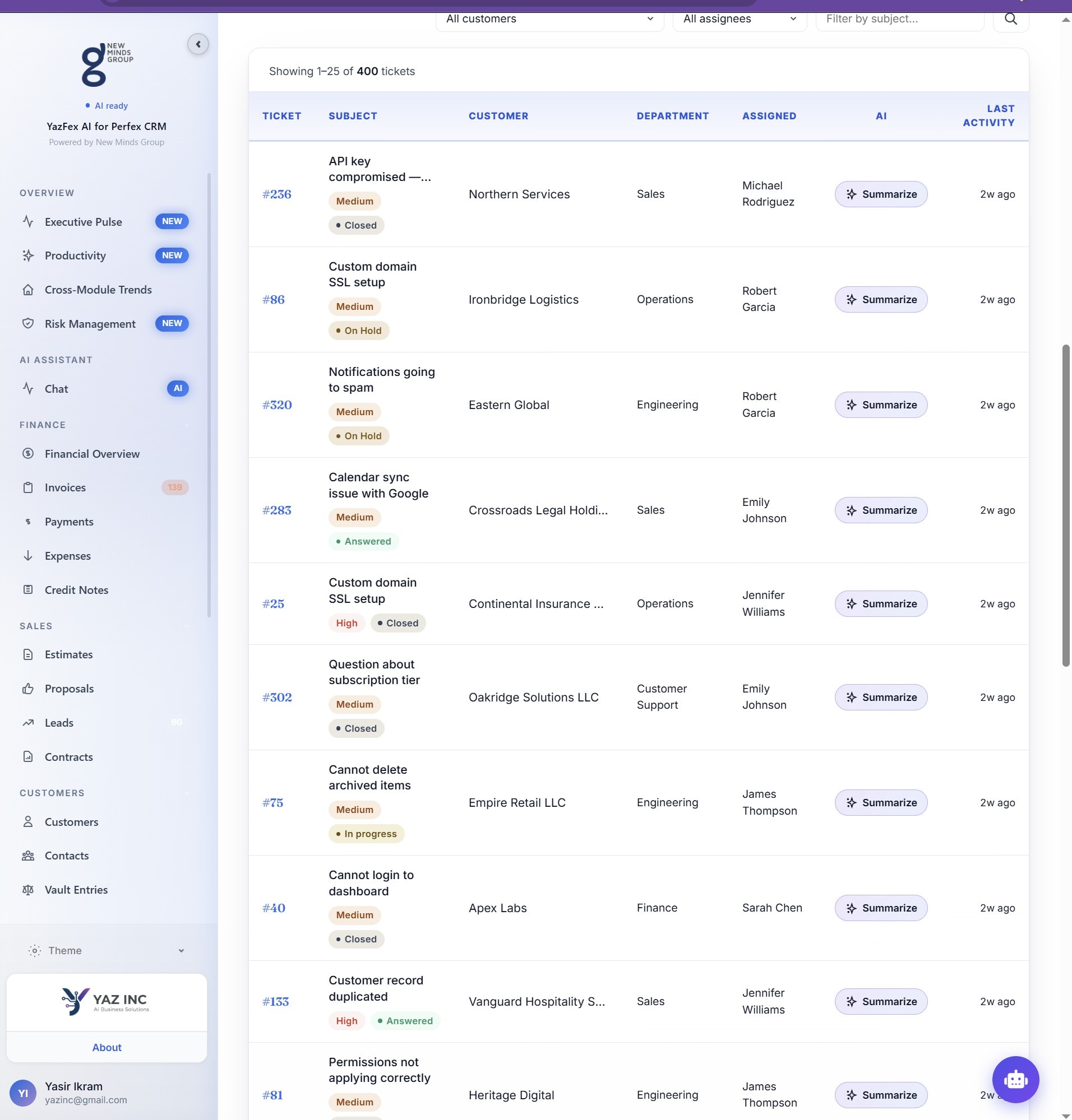 Tickets list showing Summarize button on every ticket row — 400 tickets ready for AI summarization