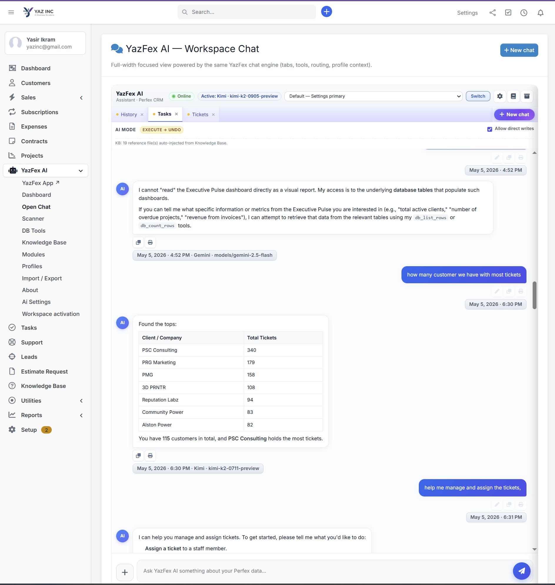 YazFex AI workspace chat with live database access and model switching