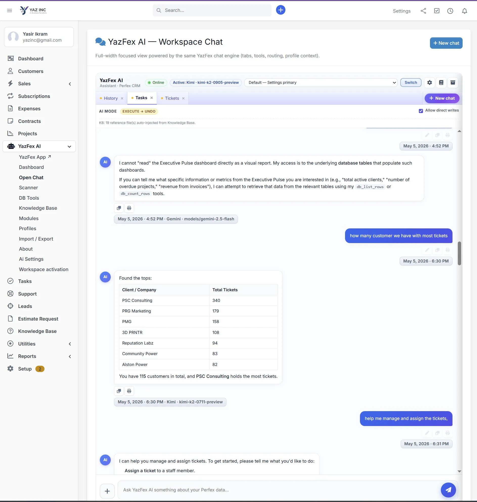 YazFex AI workspace chat with live database access and model switching