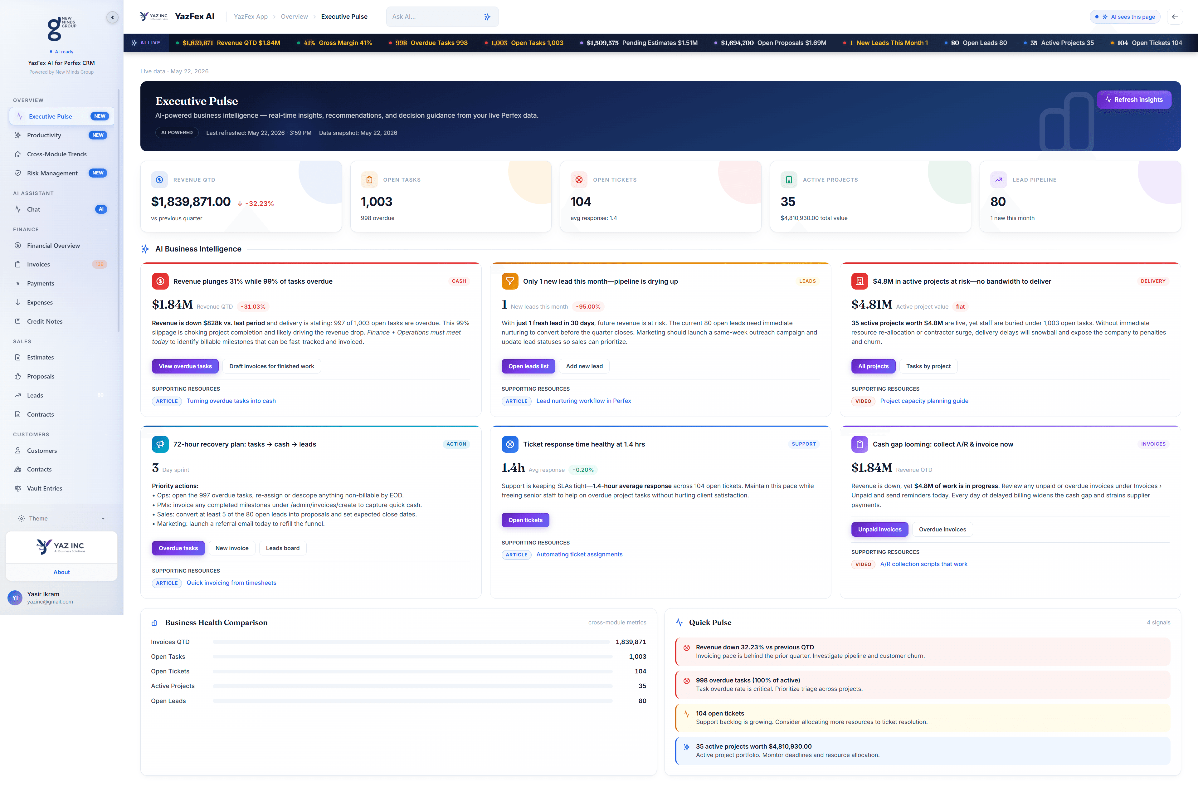 Executive Pulse dashboard โ real app screenshot from YazFex AI