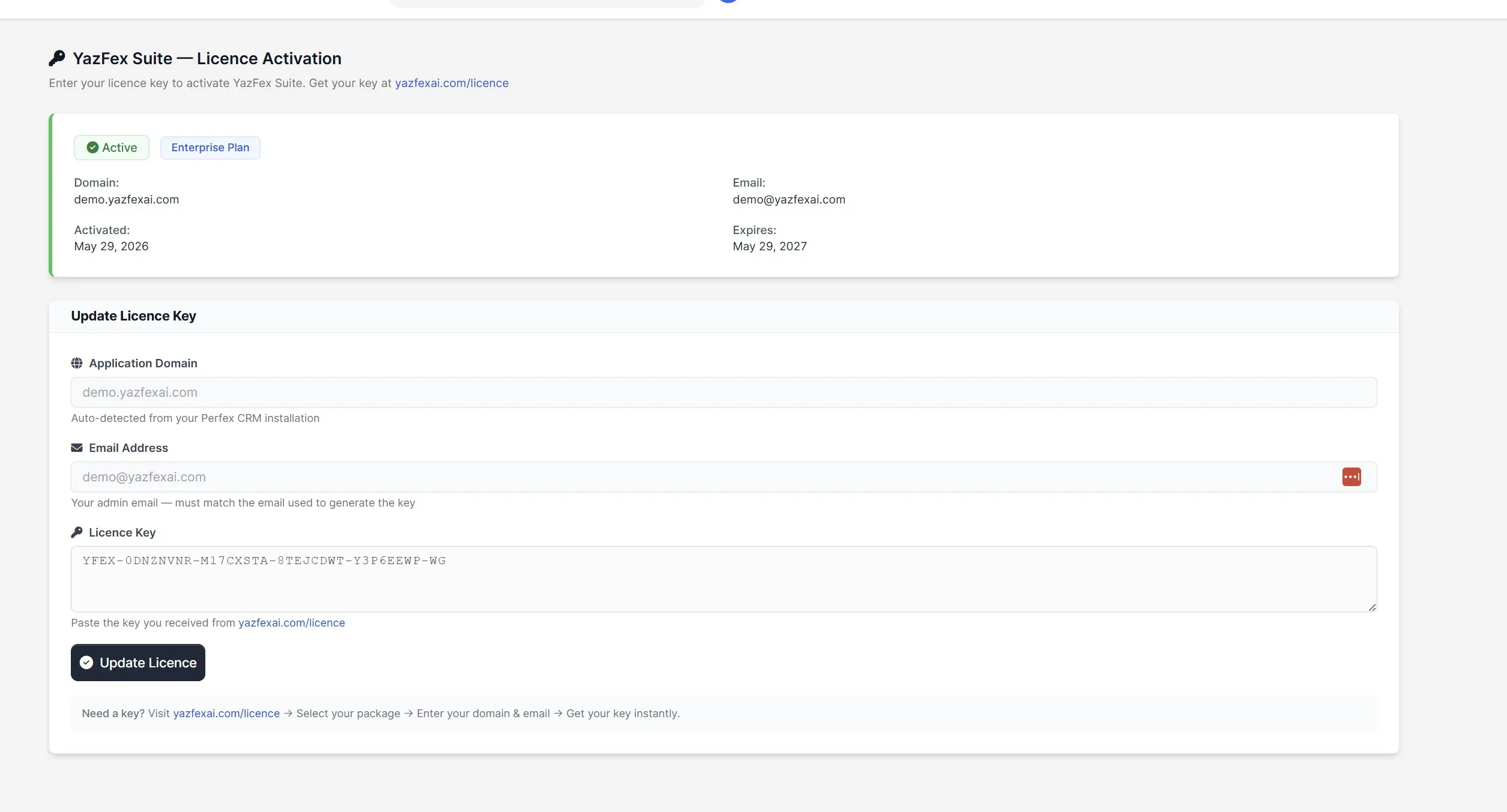 YazFex licence activation screen in Perfex CRM — paste your key here
