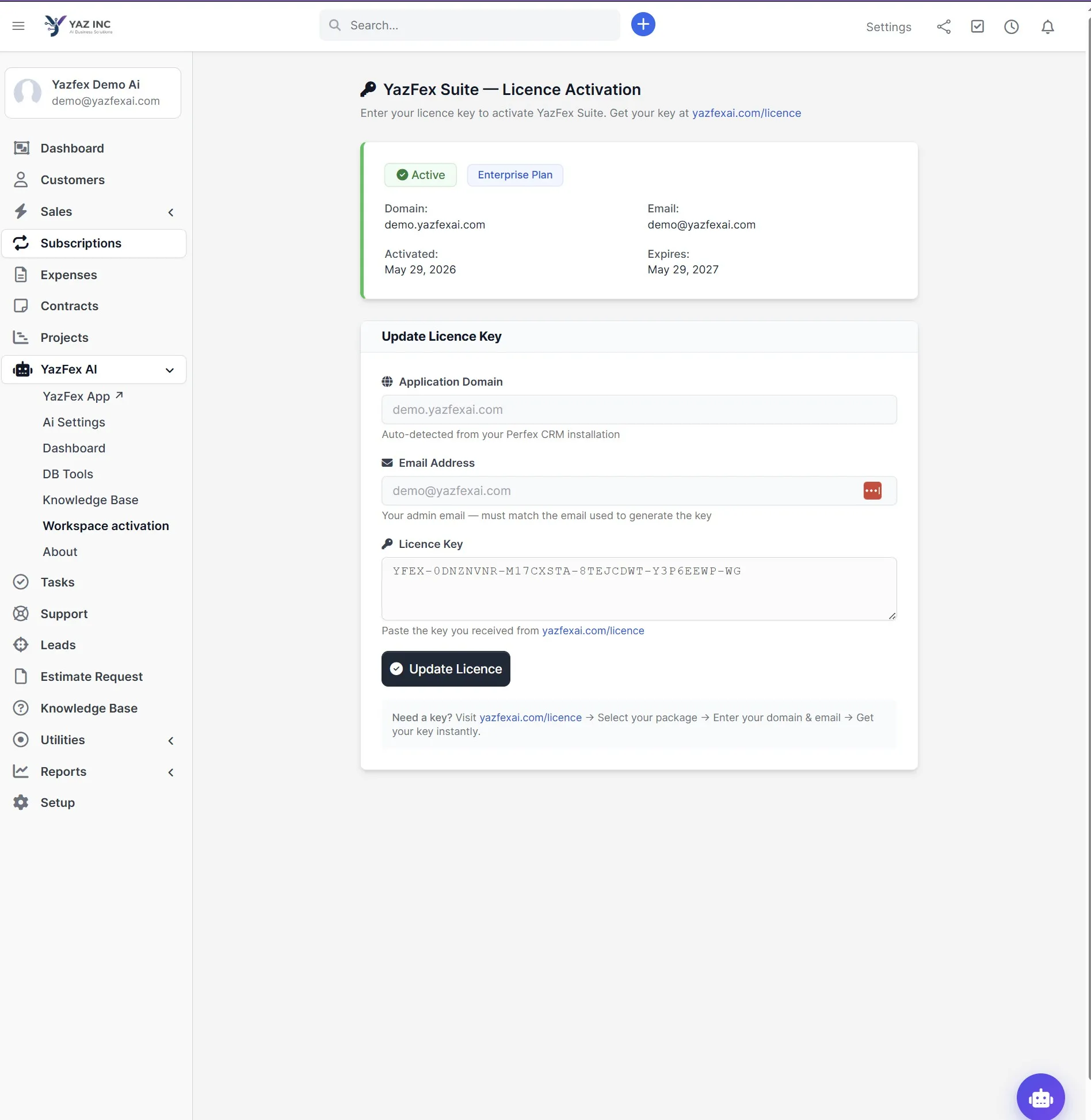 YazFex Licence Activation — active Enterprise Plan with domain-locked key