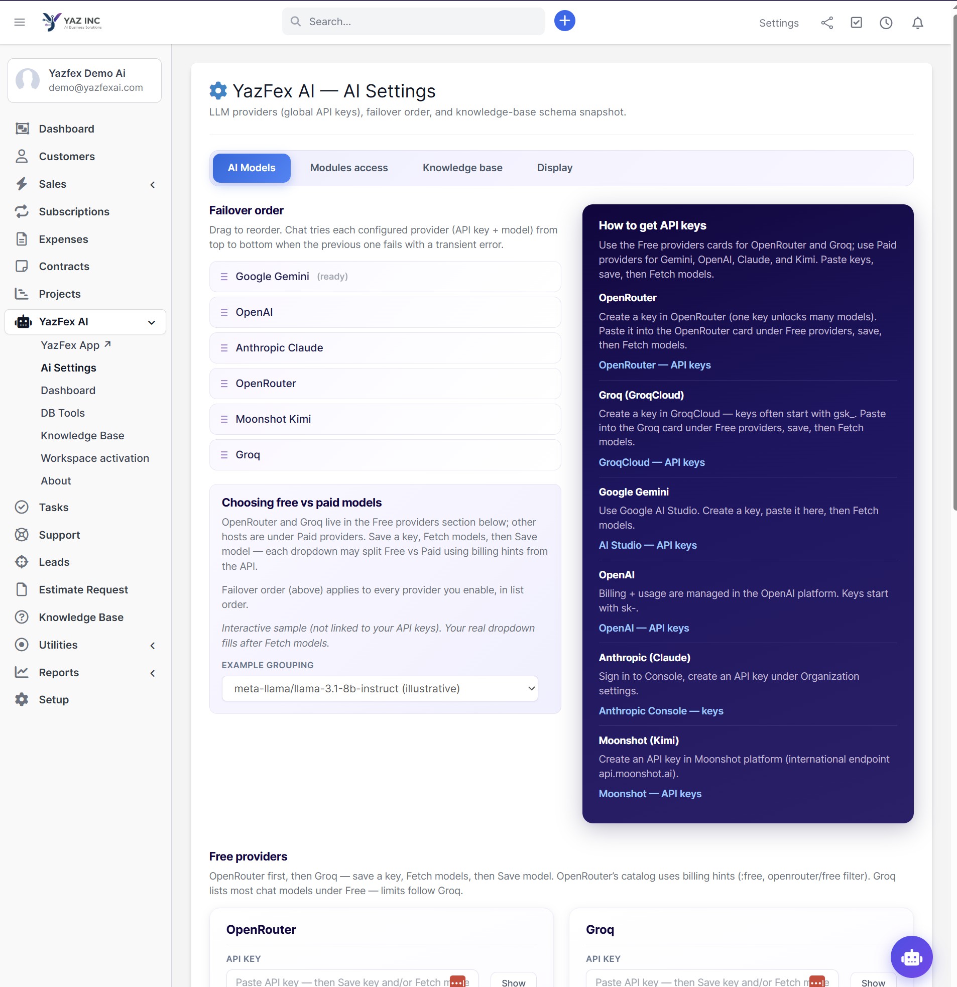 YazFex AI Settings — configure 6 LLM providers with failover order