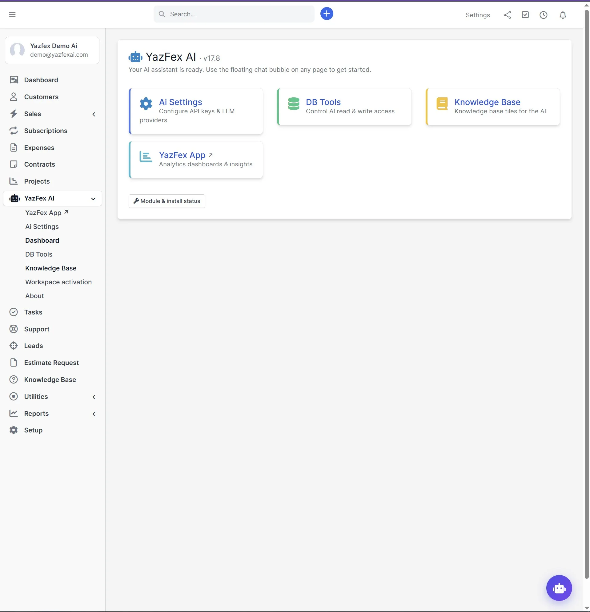 YazFex AI Dashboard — unified module with AI Settings, DB Tools, Knowledge Base, and YazFex App