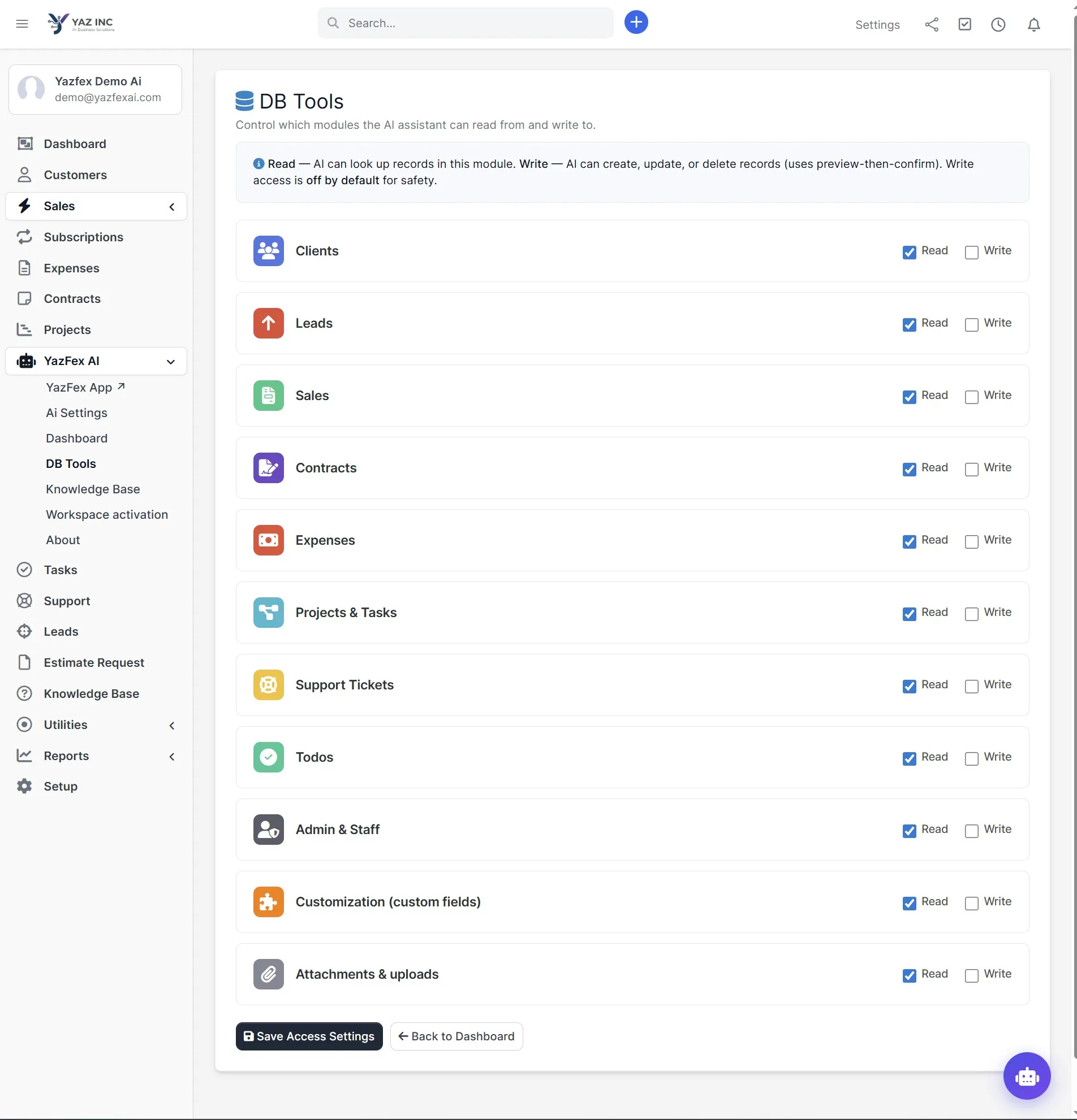 YazFex DB Tools — granular Read and Write permissions for every CRM module